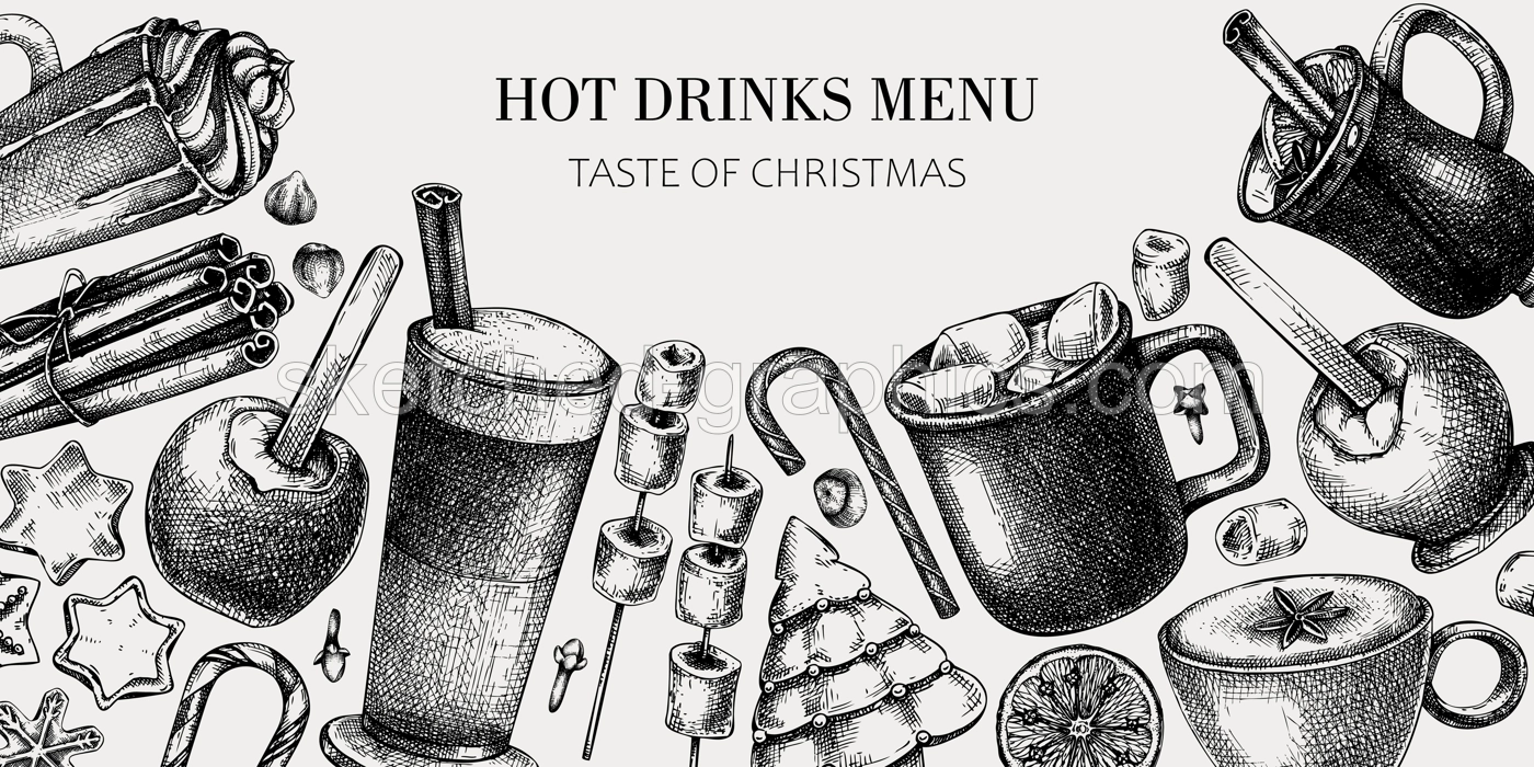 Hot drinks menu design. Mulled wine, coffee, hot chocolate, cocoa vector sketches. Christmas design template. Winter drinks and sweets frame template. Vintage food background. Christmas bar menu. Illustration